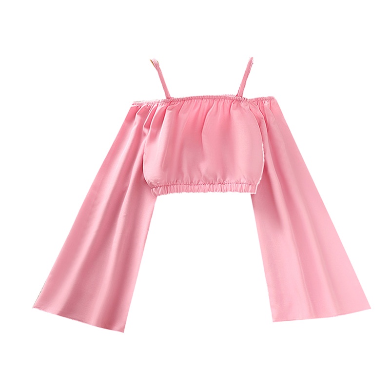 Áo Croptop Trễ Vai Tay Chuông Màu Sắc Hồng Thời Trang Dành Cho Bé Gái 8-12 Tuổi