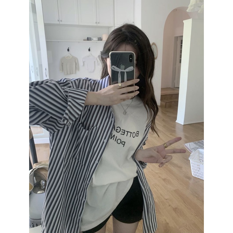 Áo Sơ Mi Dáng Rộng Họa Tiết Kẻ Sọc Thời Trang Hàn Quốc