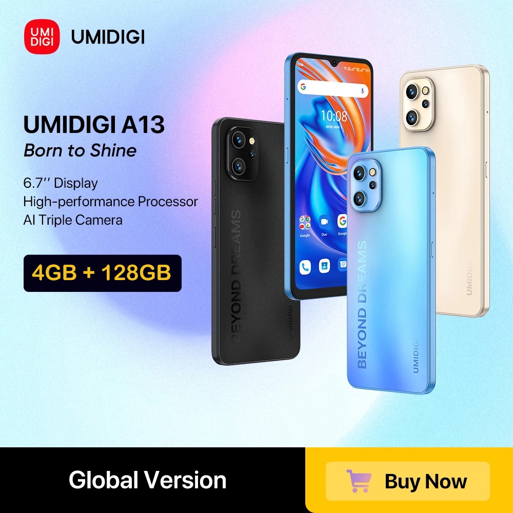 Điện thoại thông minh UMIDIGI A13 Unisoc T610 bản toàn cầu 4GB RAM 128GB ROM 20MP camera AI 6.7in màn hình pin 5150mAh