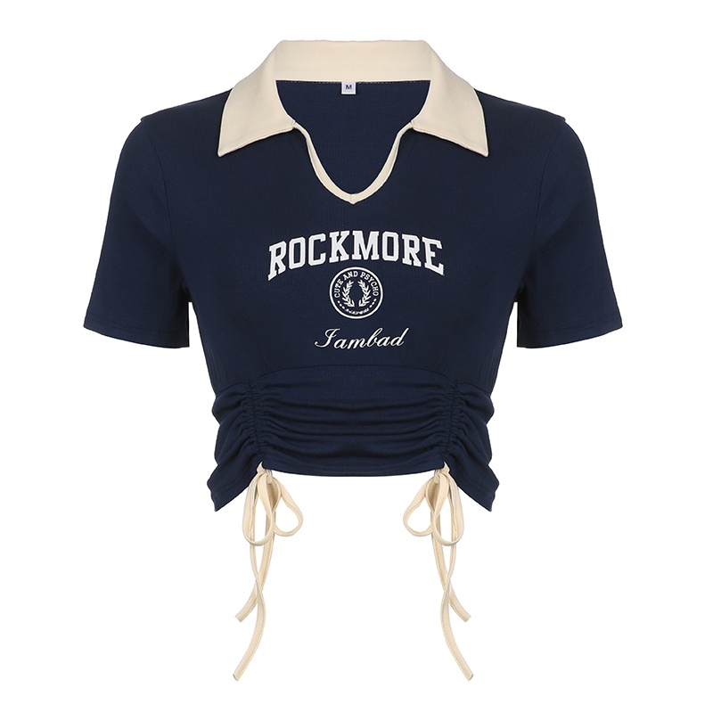 ZHELIHANGFEI Áo Croptop Tay Ngắn Cổ Polo Phối Dây Rút Thiết Kế Quyến Rũ Cho Nữ