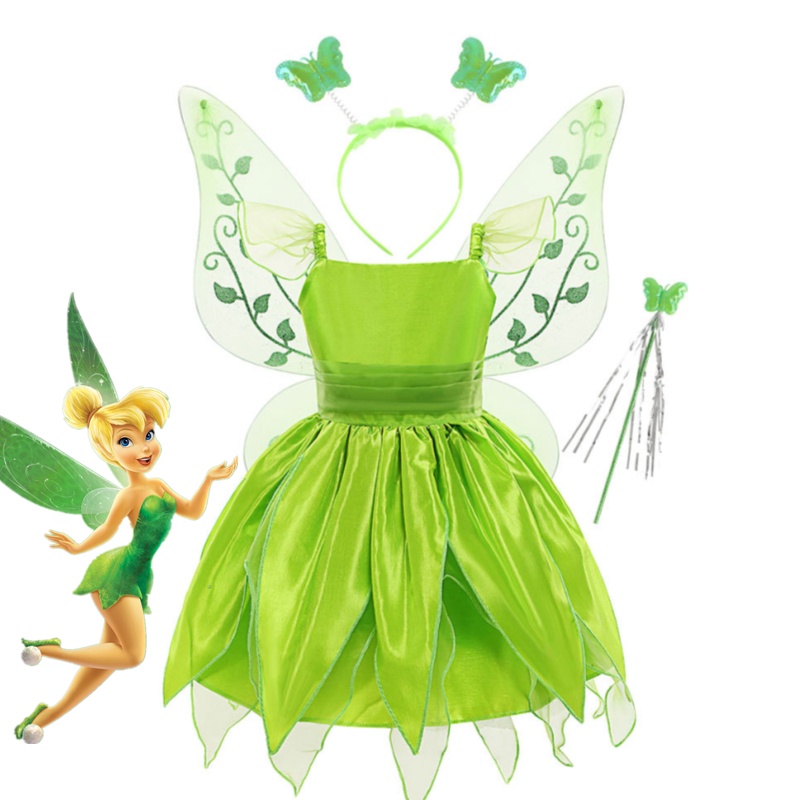 Set trang phục phụ kiện NNJXD hóa trang công chúa Tinker Bell màu xanh lá cây cho bé gái 2-8 tuổi