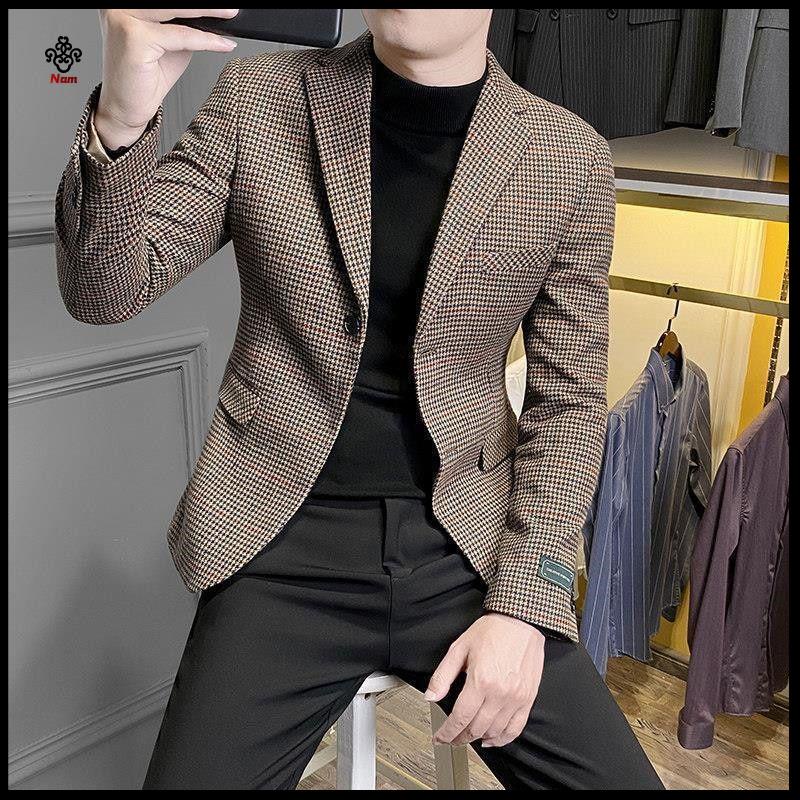 Chất lượng cao Áo Khoác nam cao Cấp Ch t L Ng Áo blazer nam H N Qu C 2 Hiy#Áo Khoác Vest Len Một Mảnh Dáng Ngắn Ôm Dáng Họa Tiết Kẻ Sọc Thời Trang Xuân Thu Hàn Quốc 39; s