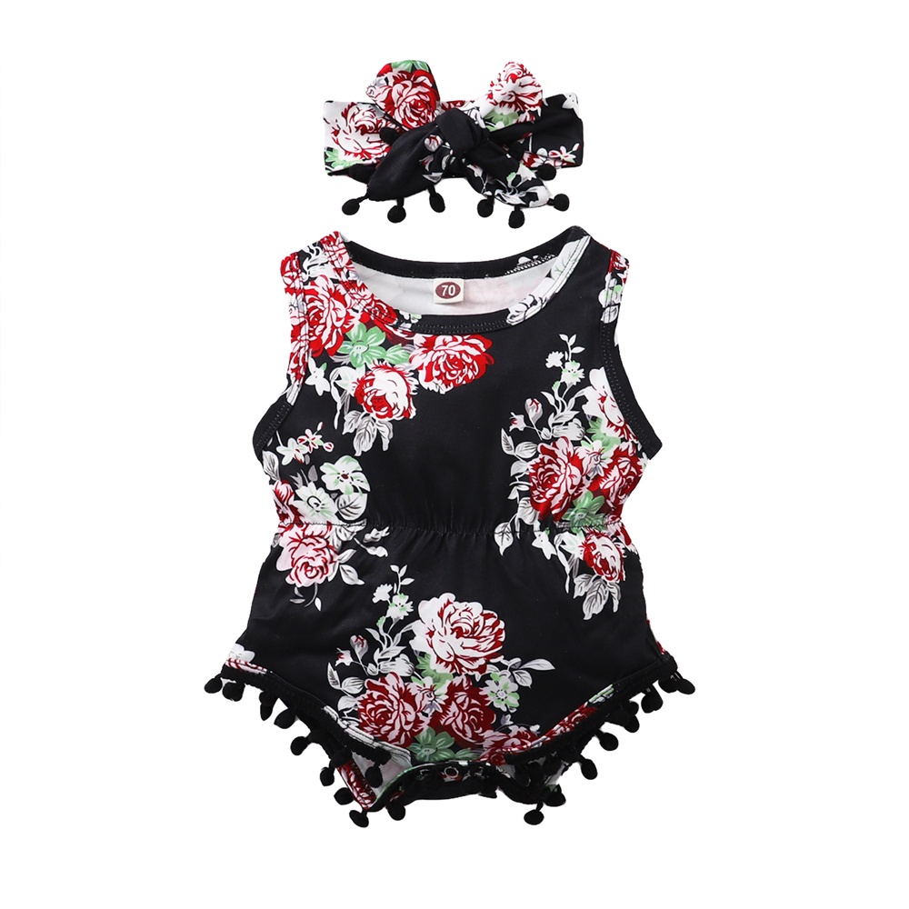 Bộ áo liền quần MIKRDOO sát nách in hoa kèm băng đô xinh xắn cho bé gái sơ sinh