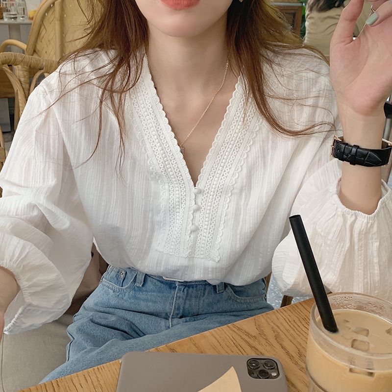 Áo kiểu tay dài cổ chữ V phối ren phong cách Hàn Quốc thời trang nữ