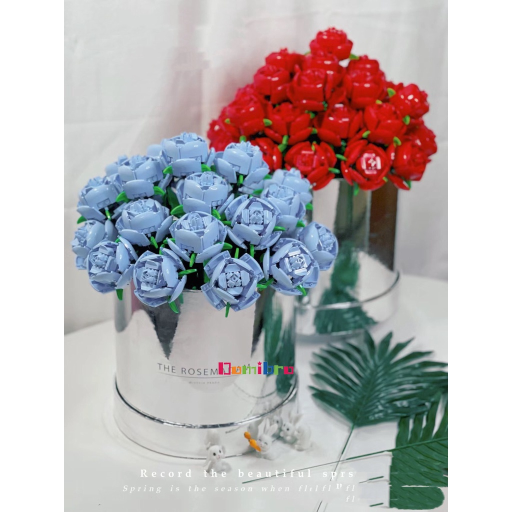 Khối lắp ráp DOMIBRO hình hoa hồng kết hợp bó hoa nhiều màu sắc dùng làm quà tặng lãng mạn cho cô gái DIY