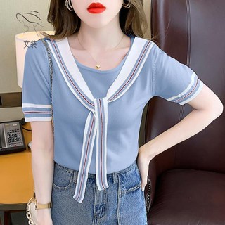 Phụ nữ topÁo thun màu sắc tương phản sọc băng lụa mỏng áo len dệt kim nữ mùa hè 2021 kiểu Pháp cổ điển dáng rộng ngắn