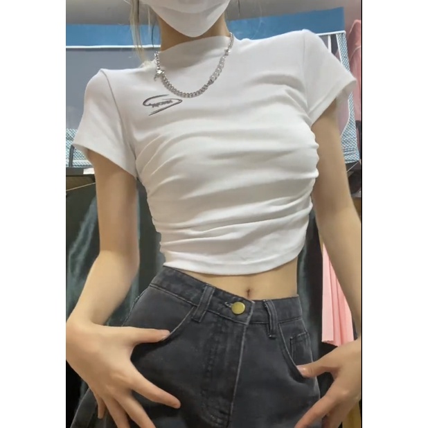 Ethelgirl Áo Thun Ngắn Tay Dáng Ôm Thiết Kế Xếp Ly Dễ Phối Đồ Thời Trang Cho Nữ