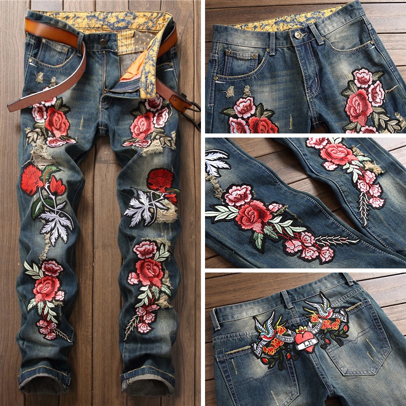 Quần Jeans Dài Thêu Hoa Thời Trang Dành Cho Nam