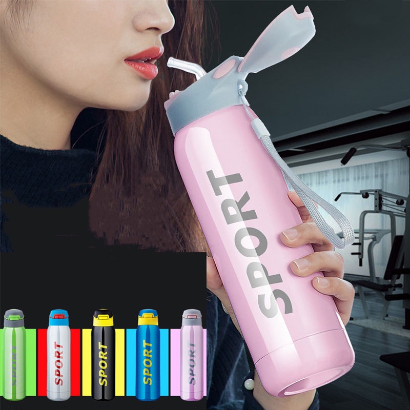Bình Nước Giữ Nhiệt 500ml Bằng Thép Không Gỉ Kiểu Dáng Thể Thao Thời Trang Kèm Ống Hút