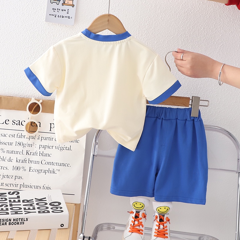 Set Áo Thun Tay Ngắn Cổ Tròn In Hình Gấu Hoạt Hình + Quần Short Màu Trơn Thời Trang Mùa Hè Cho Bé Kích Thước 80-120cm