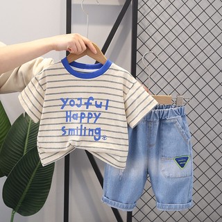 Set áo thun sọc ngang & quần short denim cho bé trai mới
