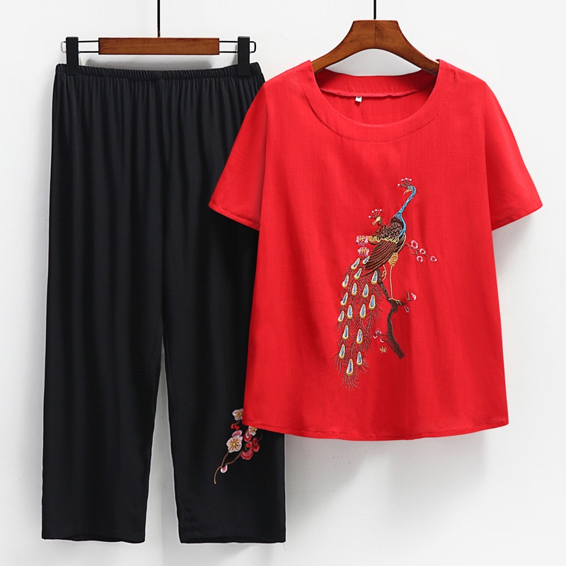 Bộ Quần Áo Vải Lanh Cotton Ngắn Thêu Hình Chim Công Cho Phụ Nữ Trung Niên