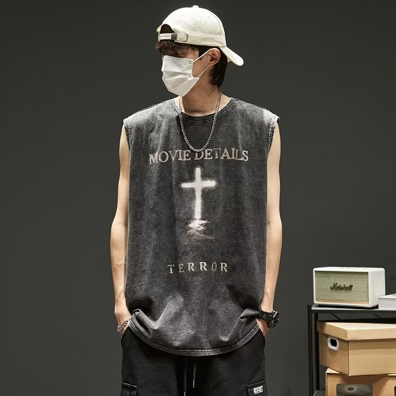 Áo Thun Cotton Sát Nách Màu Đen In Chữ Thập Phong Cách Đường Phố Mỹ Cá Tính Cho Nam