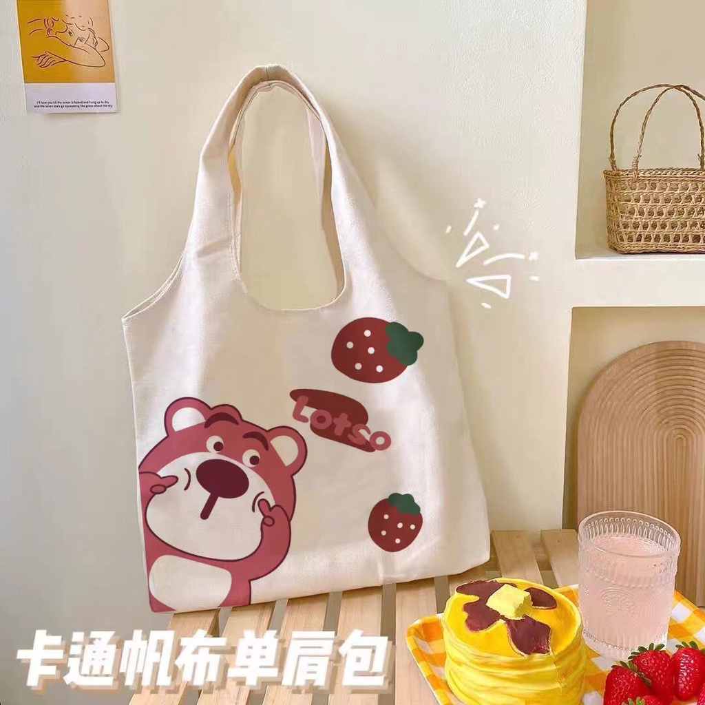 Túi vải Họa Tiết Gấu Và Dâu Tây Dễ Thương Phong Cách Harajuku