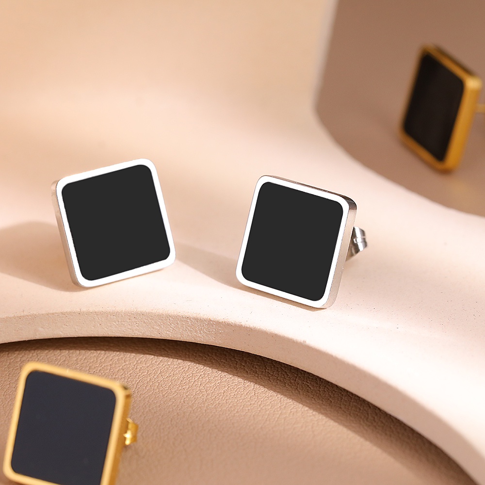 Bông Tai Hình Vuông Bằng Thép Không Gỉ Màu Đen Phong Cách Hàn Quốc Thời Trang Cho Nữ