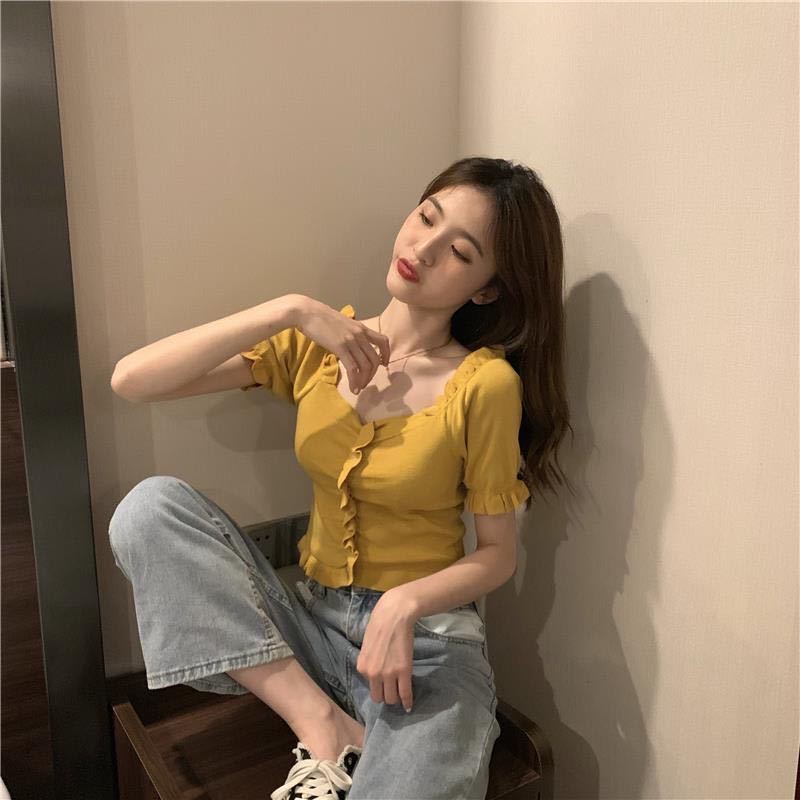 Áo croptop Dệt Kim Tay Ngắn Cổ Chữ V Dáng Ôm Thời Trang Mùa Hè Hàng Mới Dành Cho Bạn Nữ