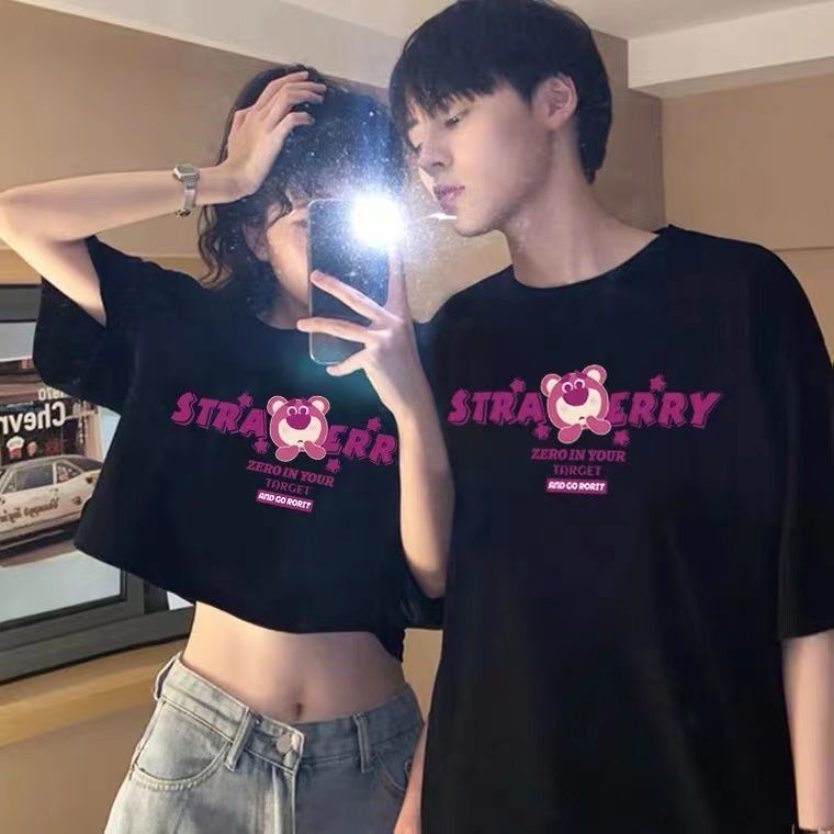 Áo phông cặp đôi mặc mùa hè tay ngắn mẫu mới gấu dâu ngắn khác nhau