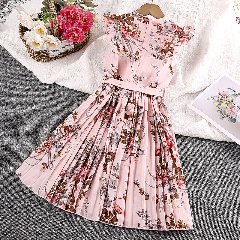 Đầm Không Tay Màu Sắc Hồng In Hoa Xinh Xắn Cho Bé Gái 5-12 Tuổi