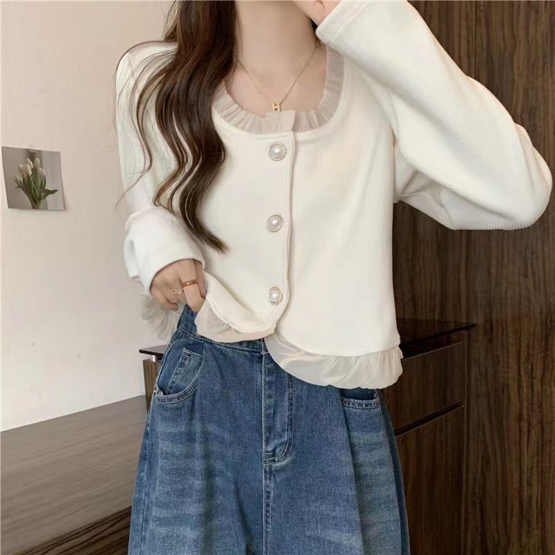 Áo Sơ Mi Dài Tay Dáng Rộng Phối Bèo Phong Cách Hàn Quốc Vintage Cho Nữ