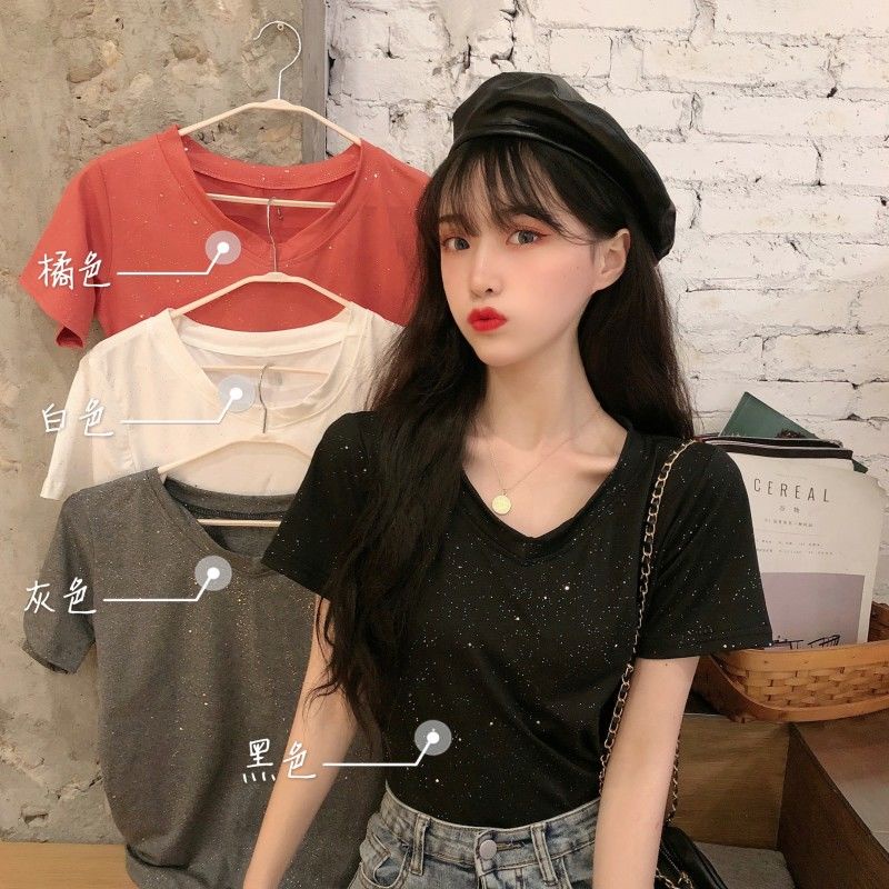 Áo Thun Nữ Ngắn Tay Cổ Chữ v Thời Trang Hàn