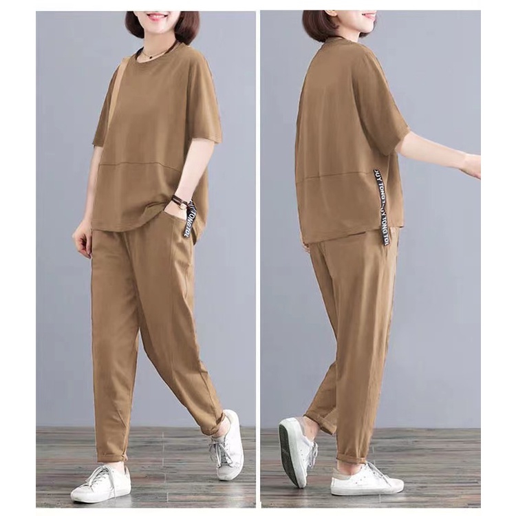 Set 2 Món Áo Thun Tay Ngắn Dáng Suông + Quần Dài Lưng Cao Thời Trang Cho Nữ Size 5XL #541