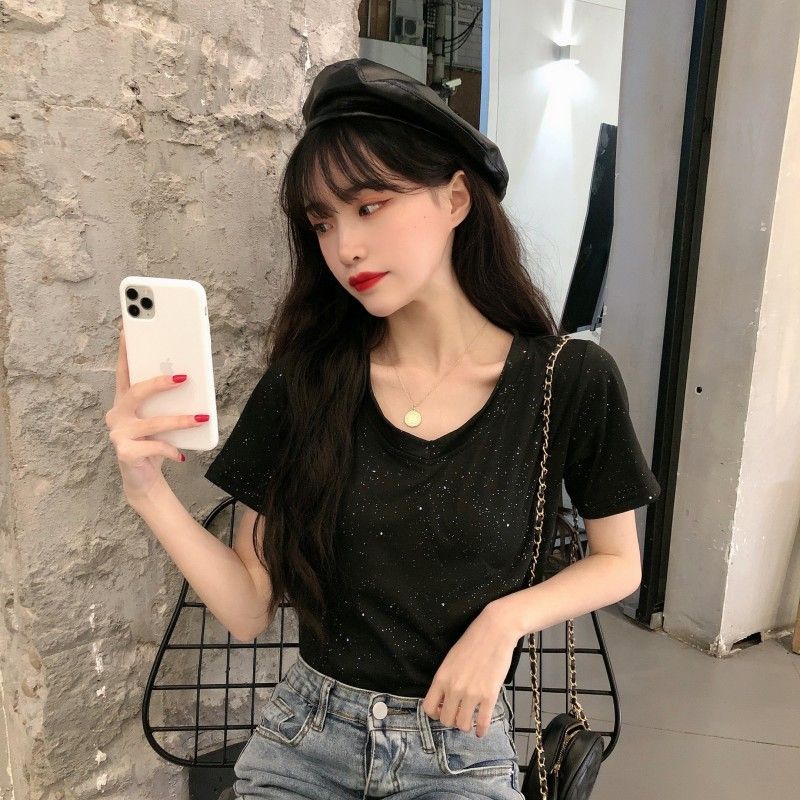 Áo Thun Nữ Ngắn Tay Cổ Chữ v Thời Trang Hàn