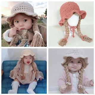 Mũ len trùm đầu đính tóc giả thắt bím dễ thương cho bé gái