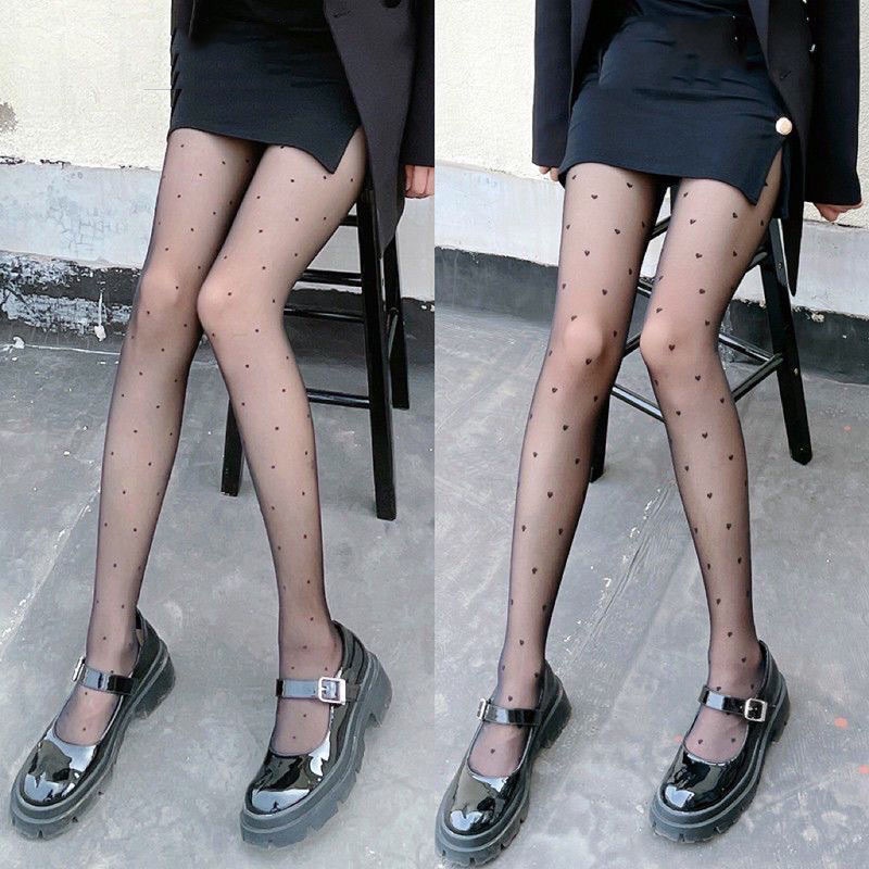 Vớ Dài Mỏng Co Giãn Họa Tiết Chấm Bi / Trái Tim Nơ Màu Trắng Đen Cho Nữ