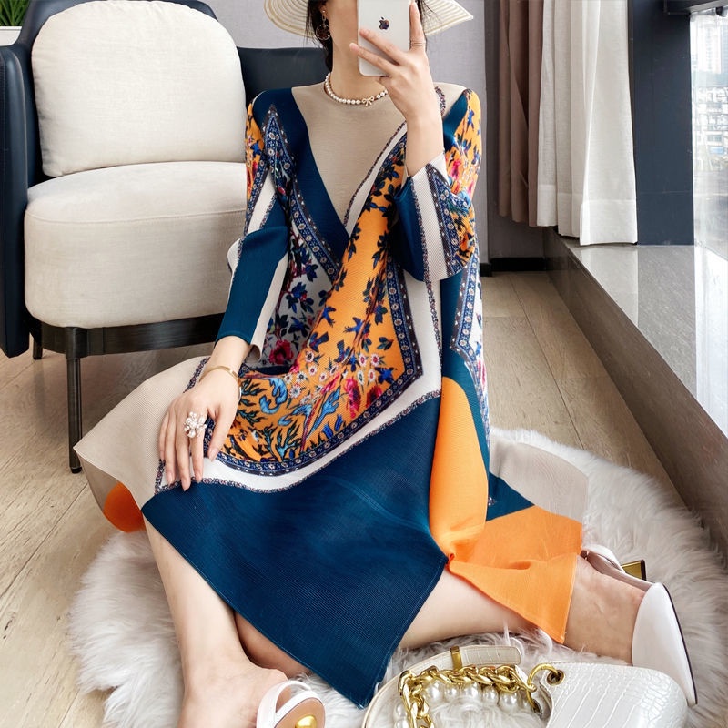 Đầm Midi Dáng Rộng Xếp Ly In Họa Tiết Dân Tộc Phong Cách Retro Thời Trang 2023 Dành Cho Nữ