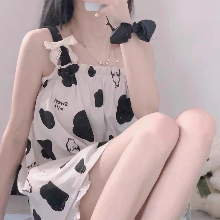 Bộ Đồ Ngủ Hai Dây Mềm Mại In Hình Bò Sữa Dễ Thương Phong Cách Hàn Quốc Thời Trang Xuân Hè Cho Nữ