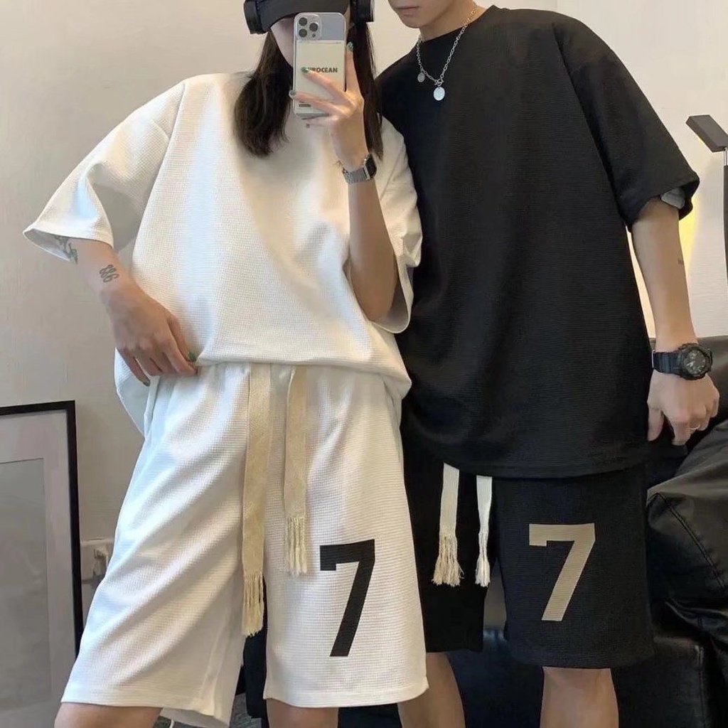 Influencer Bán Chạy Set Áo Thun Tay Ngắn Và Quần Short Đơn Giản Thời Trang Mùa Hè Phong Cách Waffle ins Cho Cặp Đôi