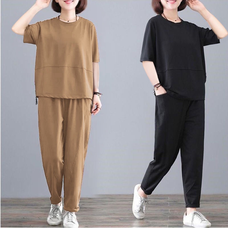 Set 2 Món Áo Thun Tay Ngắn Dáng Suông + Quần Dài Lưng Cao Thời Trang Cho Nữ Size 5XL #541