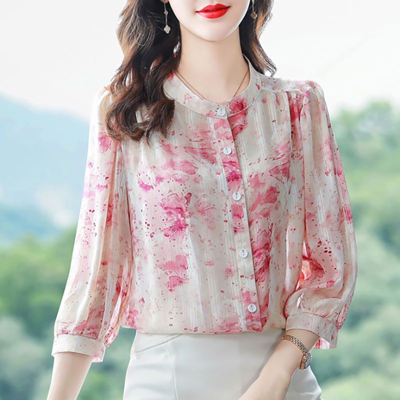 Áo Sơ Mi Chiffon Cổ Tròn Tay Lửng Dáng Rộng In Hoa Cài Nút Thoải Mái Cho Nữ