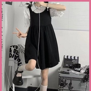 váy babydoll đâm babydoll Set Áo Tay Phồng Ngắn + Váy Yếm Màu Đen Phong Cách Retro Thời Trang Mùa Hè Mới
