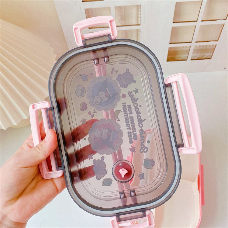 Hộp Đựng Cơm Trưa Hai Tầng Bằng Nhựa Kèm Muỗng Nĩa Hình Shinchan melody Winnie pooh xo marvel hero twins hello kitty cinnamoroll purin Poacco snow stella stitch