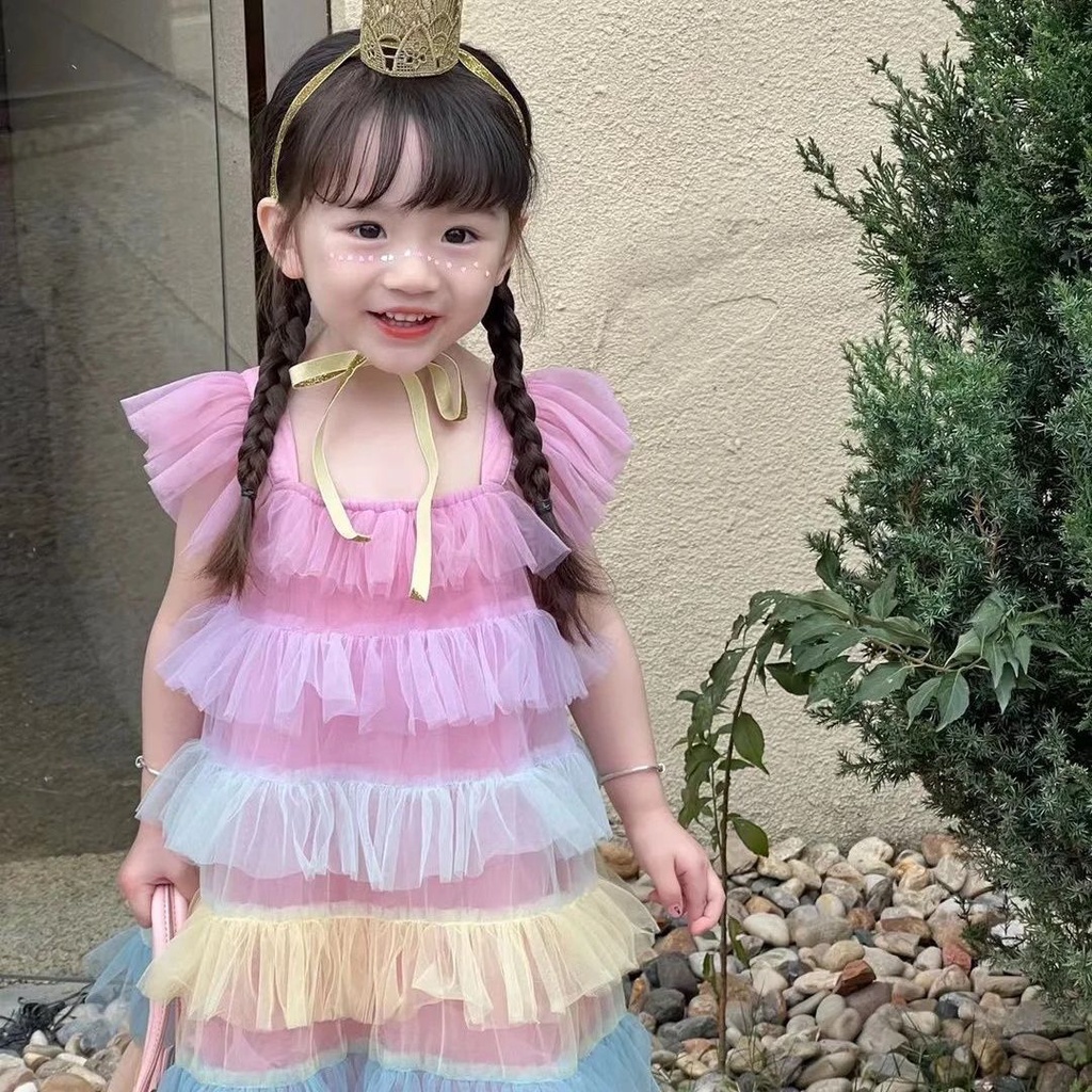Đầm Xòe Xếp Tầng Vải Tuyn Màu Cầu Vồng Dễ Thương Thời Trang Mùa Hè Cho Bé Gái