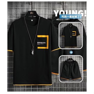 Set Áo Thun Ngắn Tay Cổ Tròn Giả 2 Lớp + Quần Short Thời Trang Mùa Hè Cho Nam