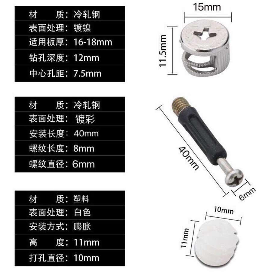 Bánh Xe Eccentric 15mm + Ốc Vít 40mm + Hạt Nhựa Đặt Trước  / Ba Trong Một Cho Tủ Quần Áo Giường Ngăn Kéo Lắp Ráp Nhanh Chóng