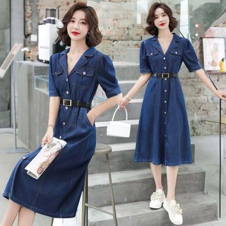 Đầm Jean Chữ A Lưng Cao Tay Ngắn Thời Trang Mùa Hè Cho Nữ