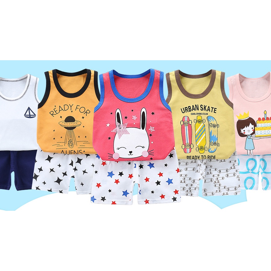 Bộ Áo Thun Sát Nách + Quần Ngắn Vải Cotton In Hoạt Hình Kiểu Hàn Quốc Thời Trang Mùa Hè Cho Bé Từ 1-2 Tuổi 80cm - 90cm