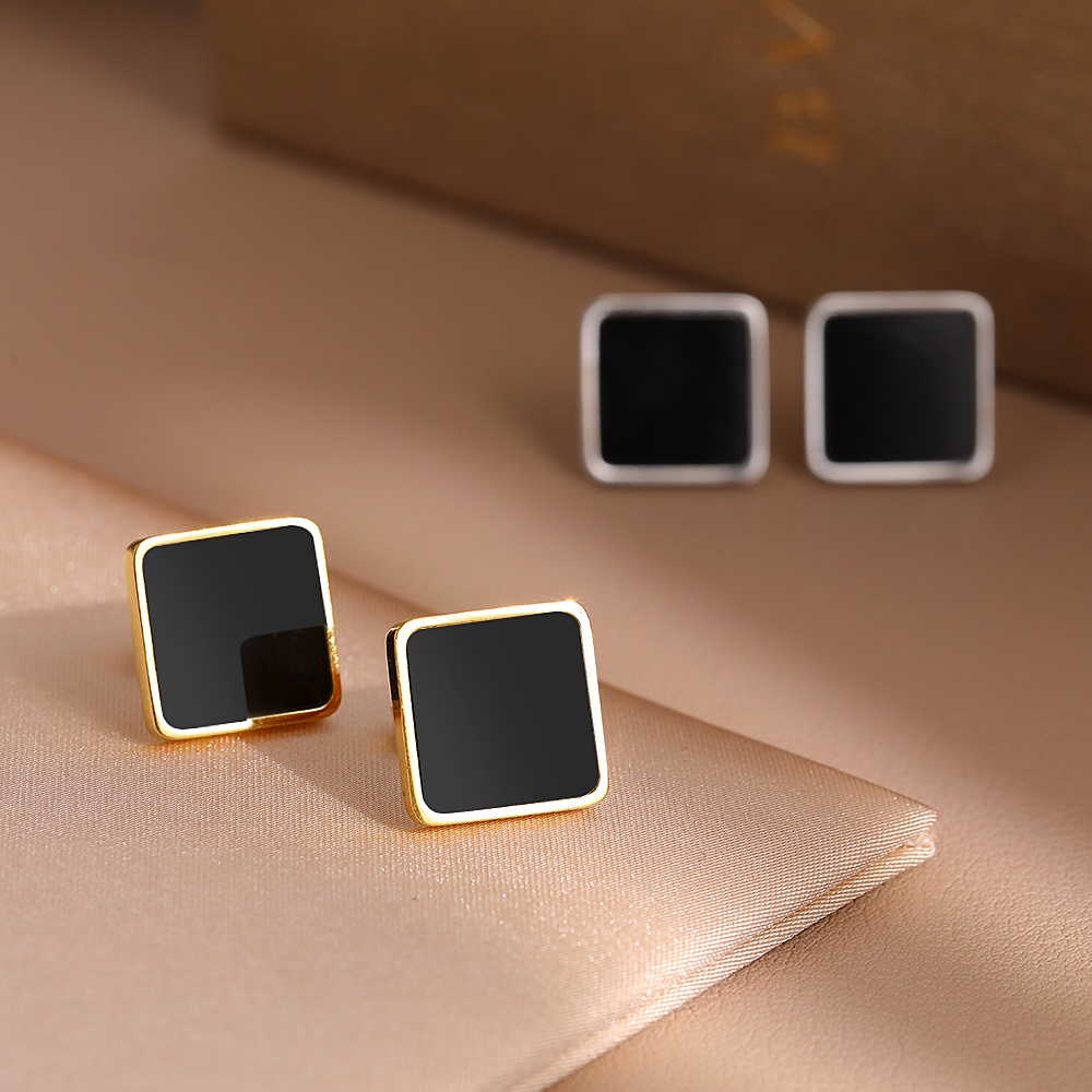 Bông Tai Hình Vuông Bằng Thép Không Gỉ Màu Đen Phong Cách Hàn Quốc Thời Trang Cho Nữ