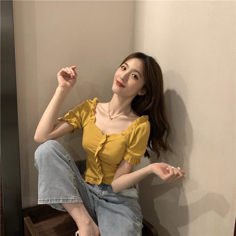 Áo croptop Dệt Kim Tay Ngắn Cổ Chữ V Dáng Ôm Thời Trang Mùa Hè Hàng Mới Dành Cho Bạn Nữ