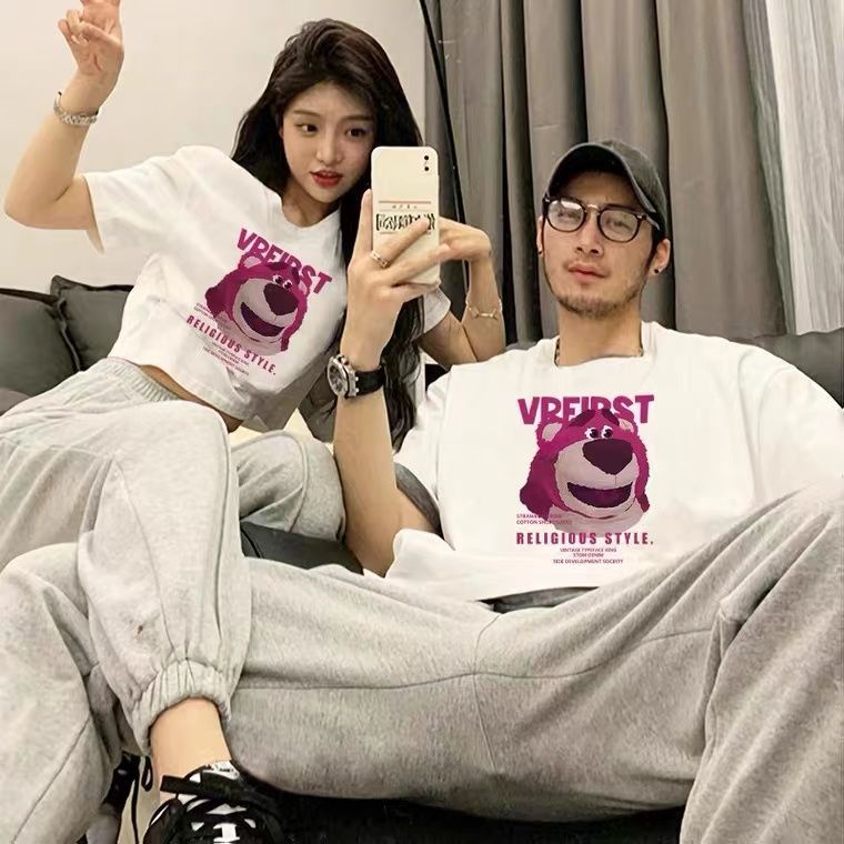 Áo phông cặp đôi mặc mùa hè tay ngắn mẫu mới gấu dâu ngắn khác nhau