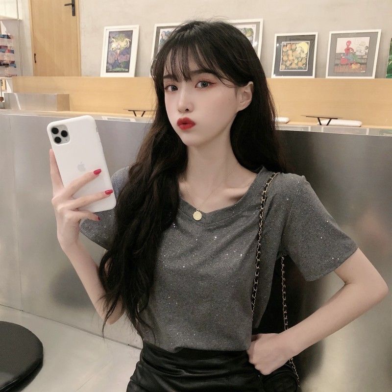 Áo Thun Nữ Ngắn Tay Cổ Chữ v Thời Trang Hàn