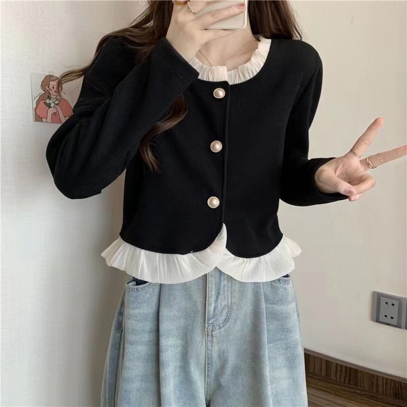 Áo Sơ Mi Dài Tay Dáng Rộng Phối Bèo Phong Cách Hàn Quốc Vintage Cho Nữ