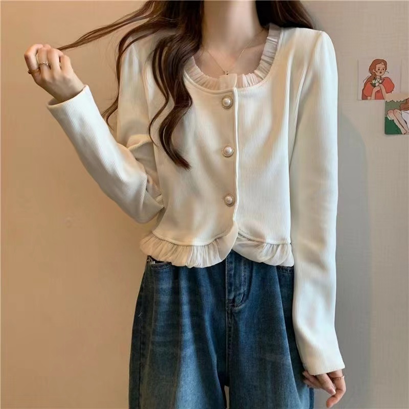 Áo Sơ Mi Dài Tay Dáng Rộng Phối Bèo Phong Cách Hàn Quốc Vintage Cho Nữ