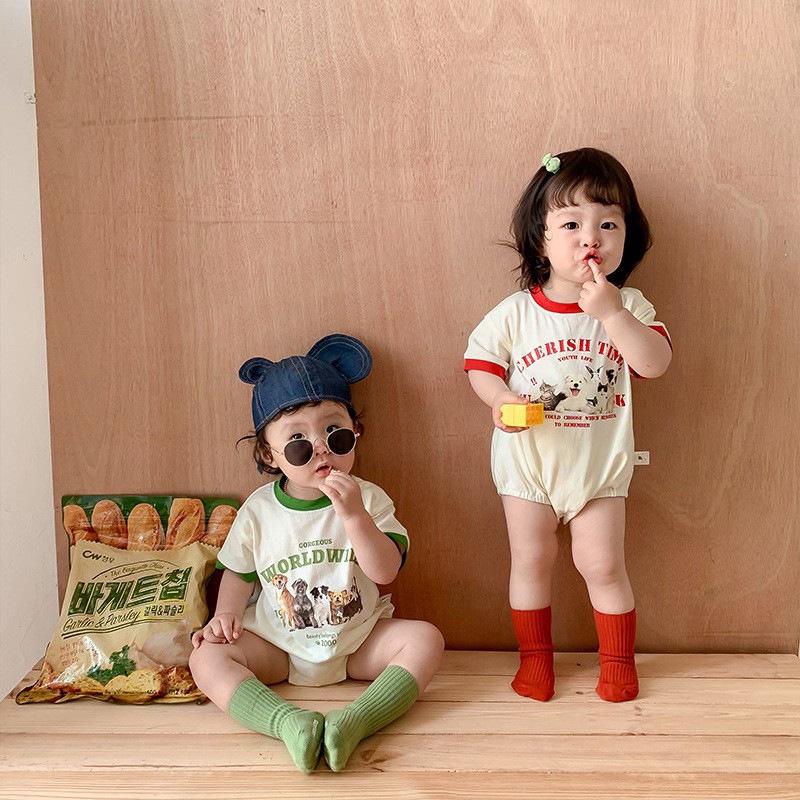 Áo Liền Quần Ngắn Tay In Hình Động Vật Dễ Thương Thời Trang Mùa Hè Cho Bé Sơ Sinh