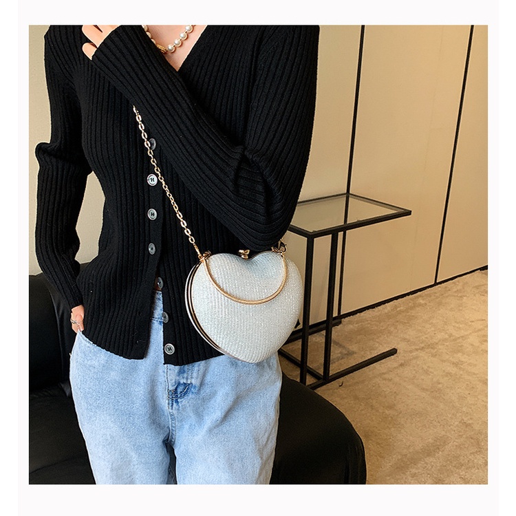 Túi Đeo Chéo Dây Xích Trái Tim Lấp Lánh 3 Màu Thời Trang Cao Cấp Dành Cho Nữ