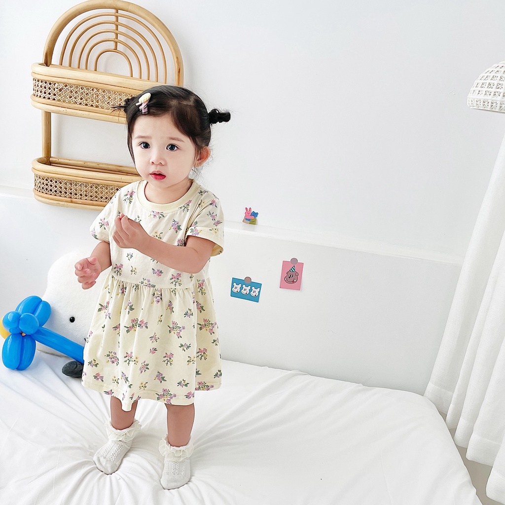Đầm em bé SANLUTOZ tay ngắn in họa tiết dễ thương mặc thường ngày mùa hè