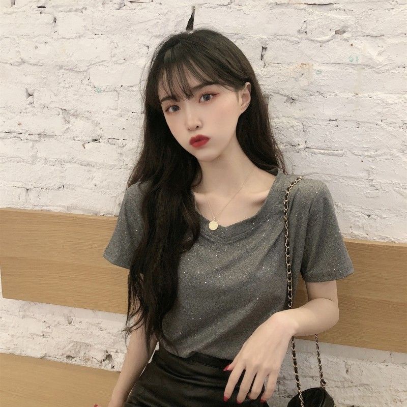 Áo Thun Nữ Ngắn Tay Cổ Chữ v Thời Trang Hàn